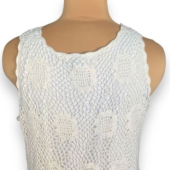 Vintage 90s Dress White Crochet Floral Sleeveless Bow Detail Midi Boho Plus 2X - Picture 5 of 9